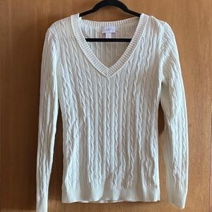 LOFT V-Neck Cable Knit Sweater in Cream